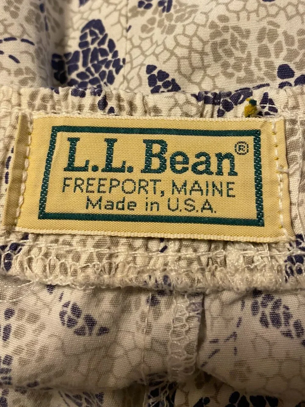 L.L. Bean, beige pants w/purple/navy, zip front w/wood button & POCKETS, size L